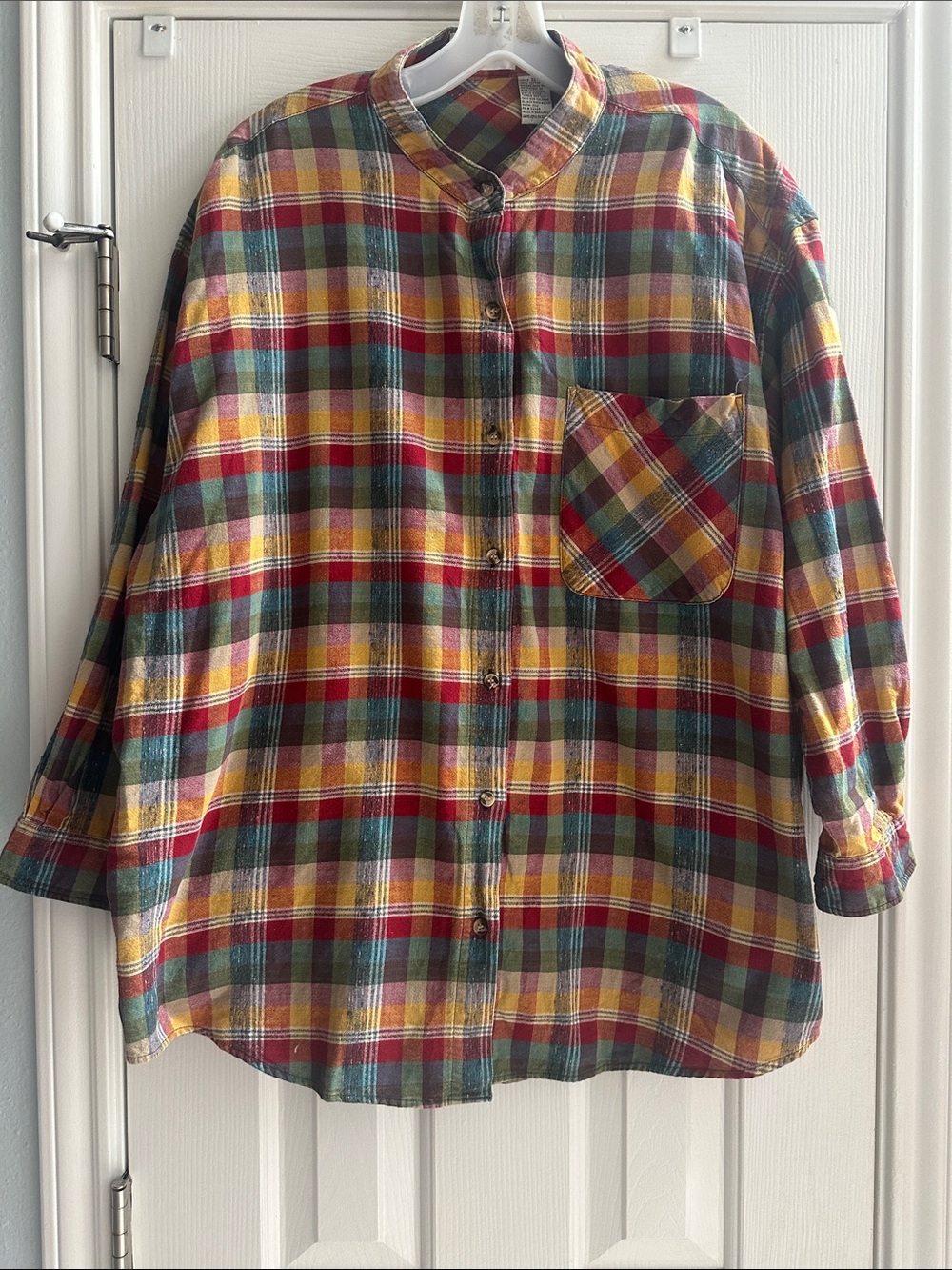 Vintage Gitano Plaid Button-Down Mock Neck 100% Cotton 22W Earthy Boho Autumn